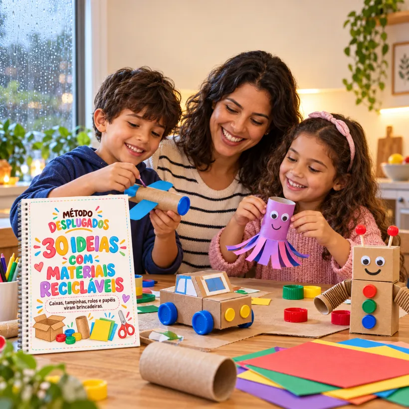 Crianças criando brinquedos com materiais recicláveis